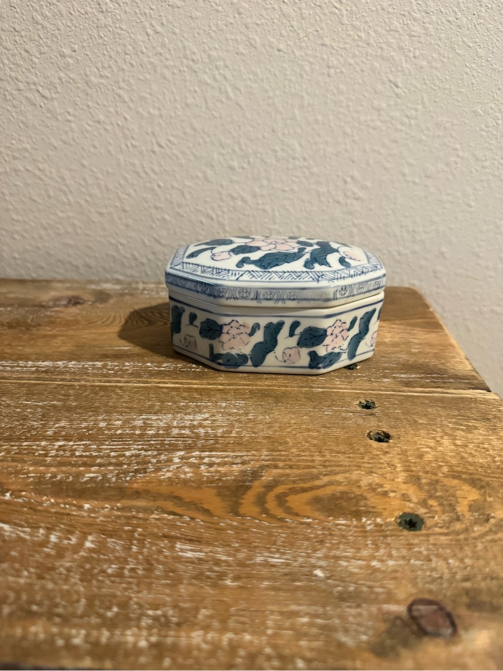 Vintage Asian Lotus Trinket Box China ceramic Green Blue Pink White